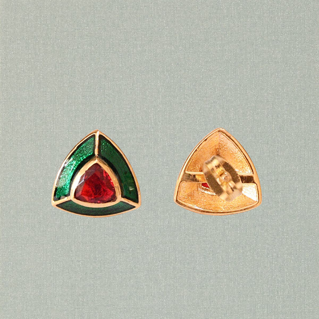 Green Enamel / Red Zircon Stud Earrings