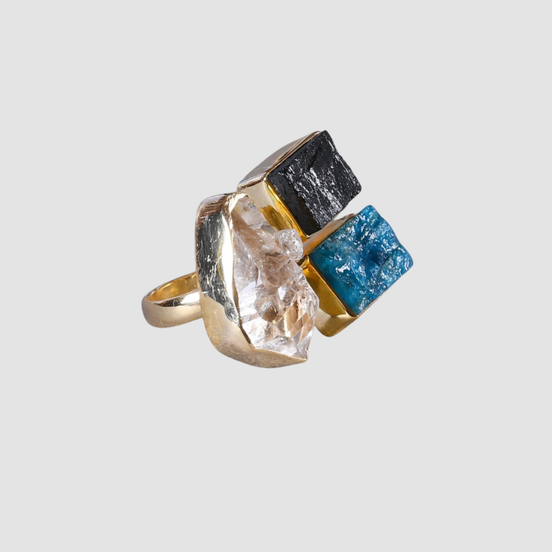 Herkimer Diamond, Apatite And Black Tourmaline Cocktail Ring