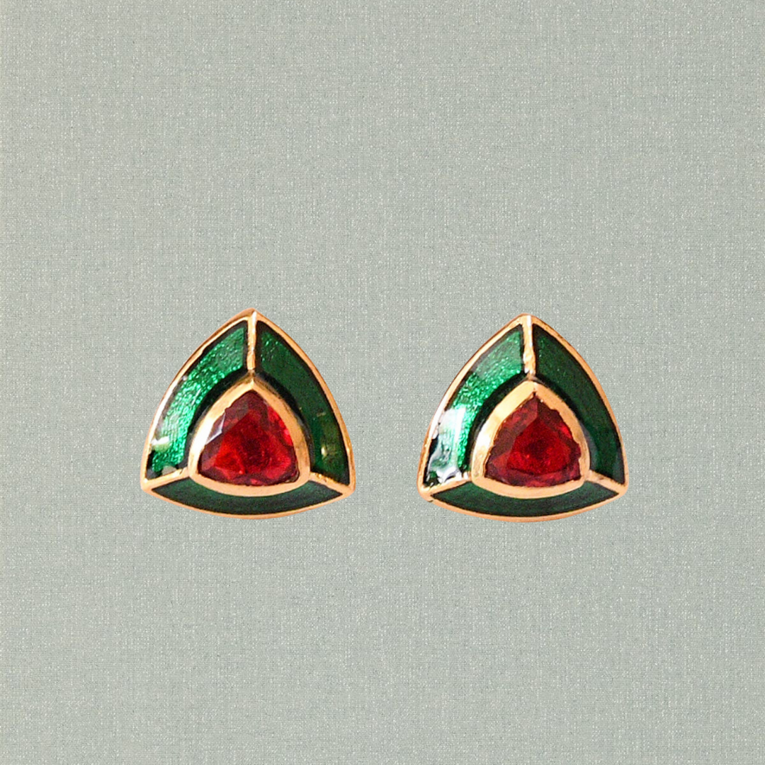 Green Enamel / Red Zircon Stud Earrings