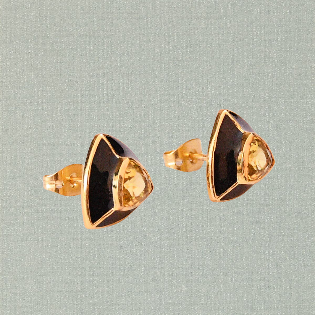 Black Enamel / Yellow Cubic Zirconia Stud Earrings