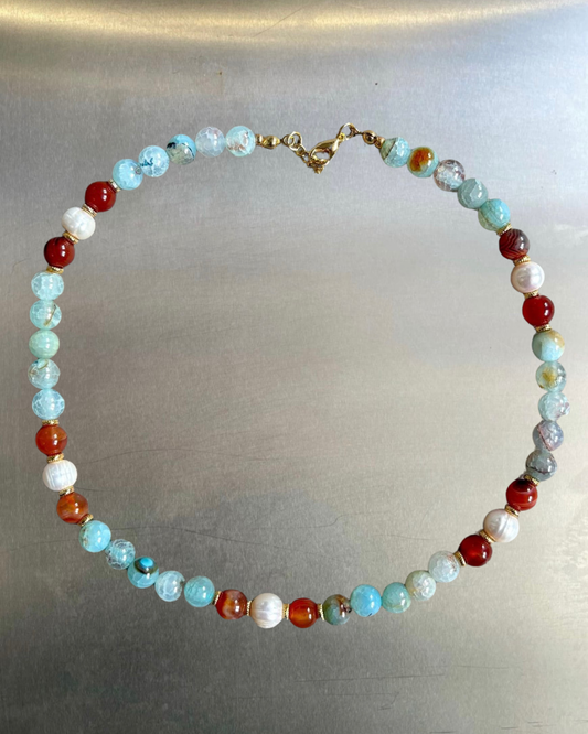 Nagisa – Aquamarine, Carnelian & Freshwater Pearl Necklace