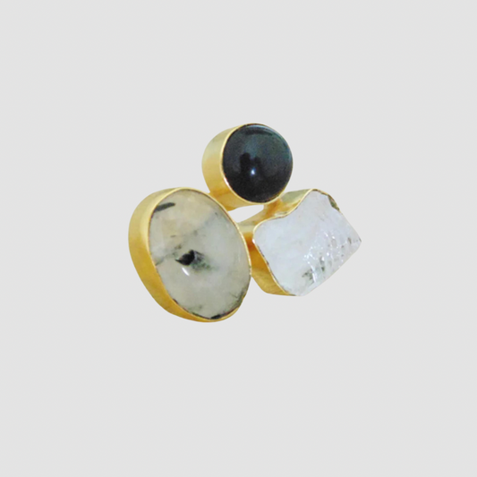 Rutilated Quartz, Black Onyx, And Crystal Quartz Statement Ring