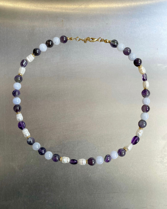 Fuji – Amethyst, Blue Lace Agate & Freshwater Pearl Necklace