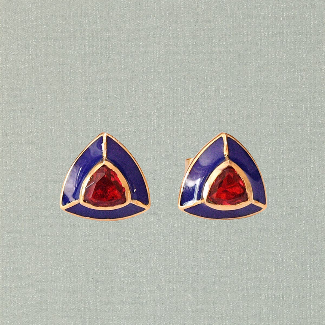 Blue Enamel/ Red Cubic Zirconia Stud Earrings