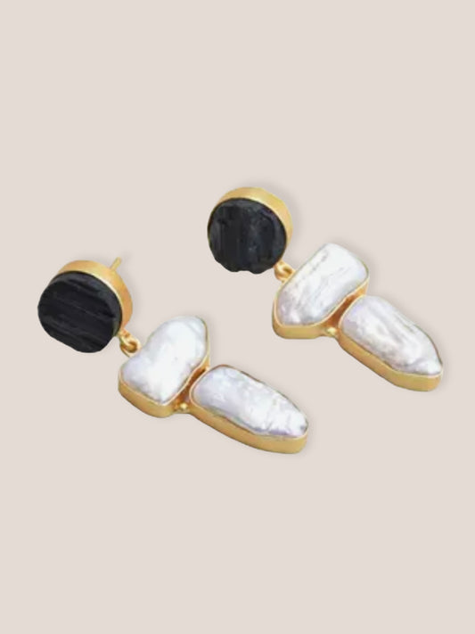 Black Kyanite and Mother of Pearl Droplet Earrings
