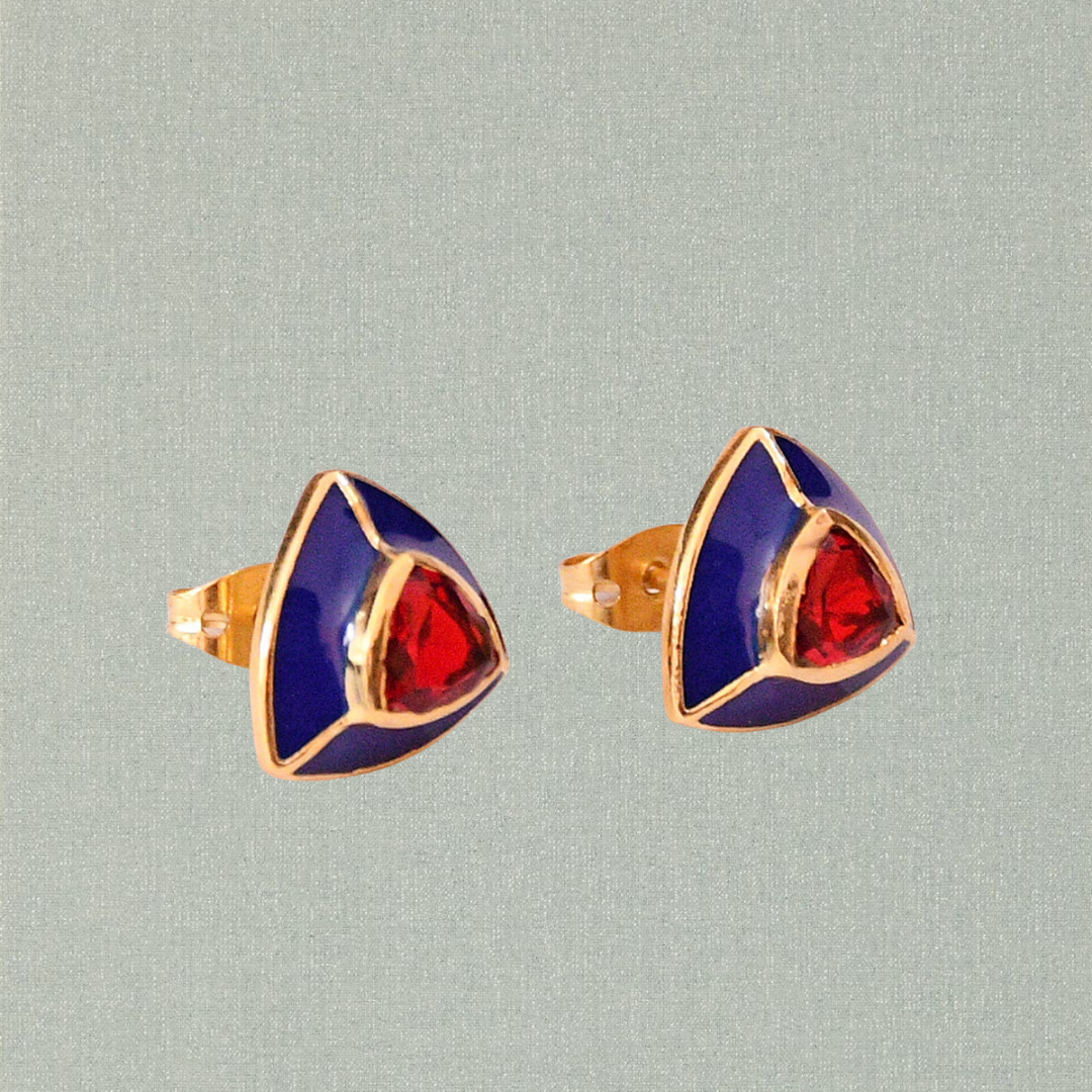 Blue Enamel/ Red Cubic Zirconia Stud Earrings