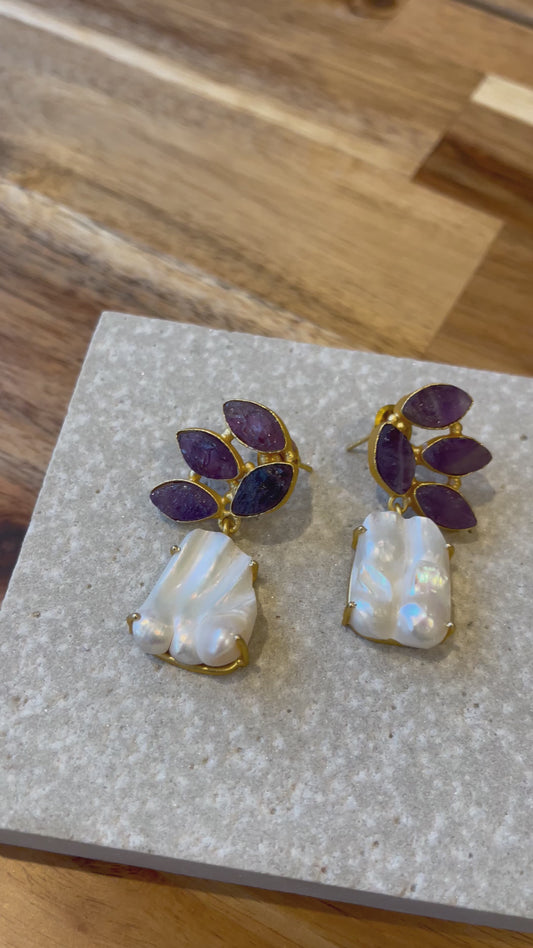 Amethyst and Mother of Pearl Leaf Earrings