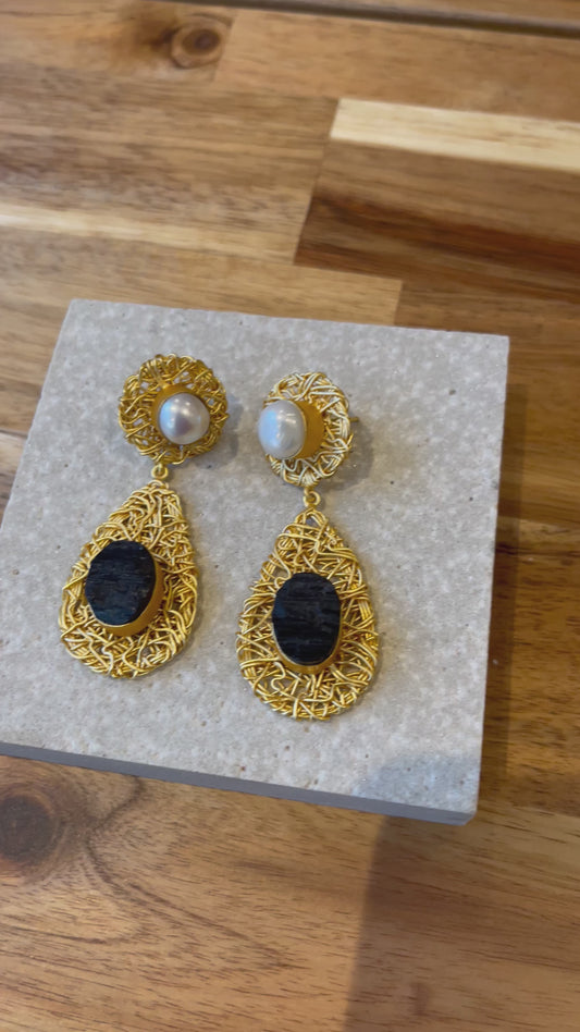 Black Kyanite and Mother of Pearl Statement Earrings